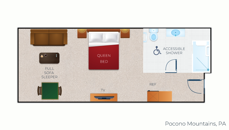 The floor plan for the accessible Queen Sofa Suite(Shower) 